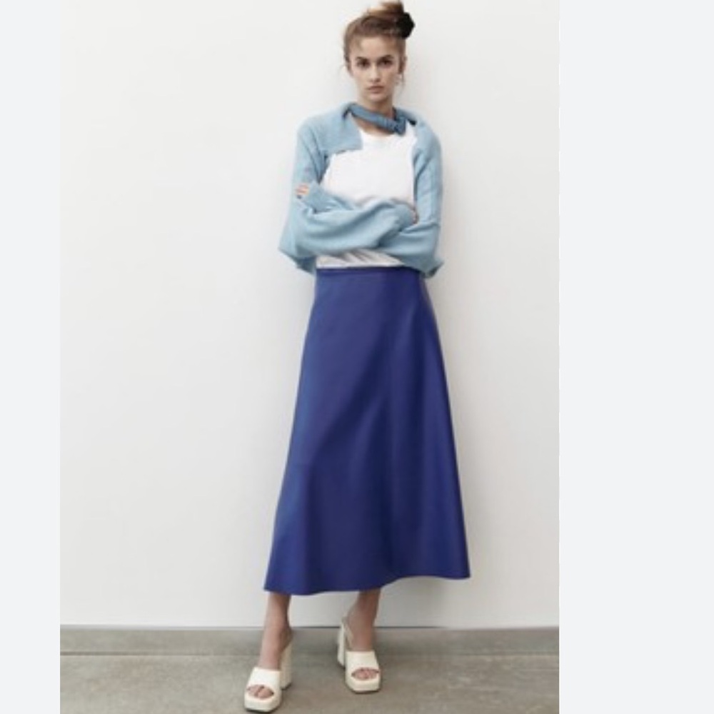 Zara Faux Leather Midi Skirt in Blue